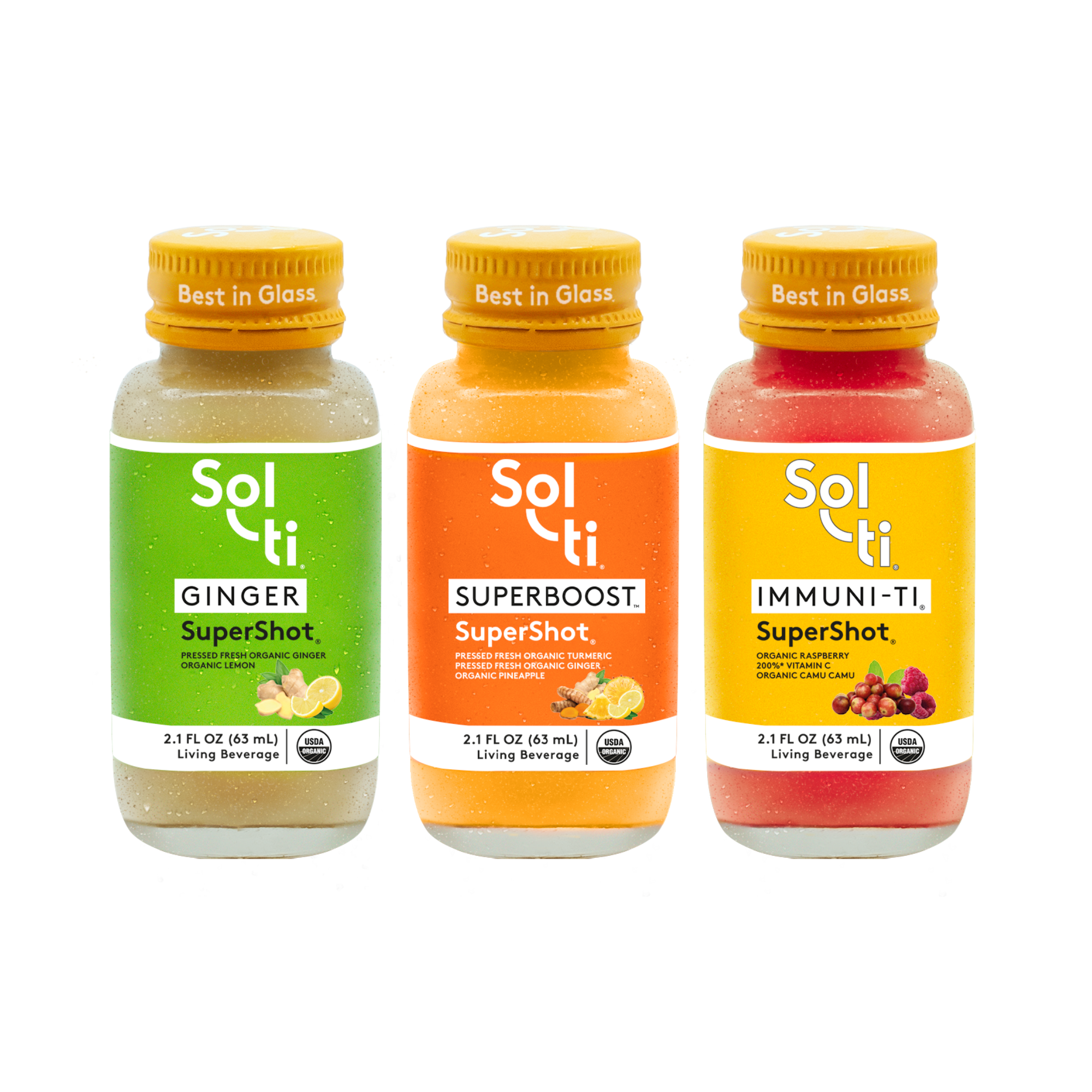 Three Sol-ti SuperShot glass bottles: GINGER, IMMUNI-TI, and SUPERBOOST