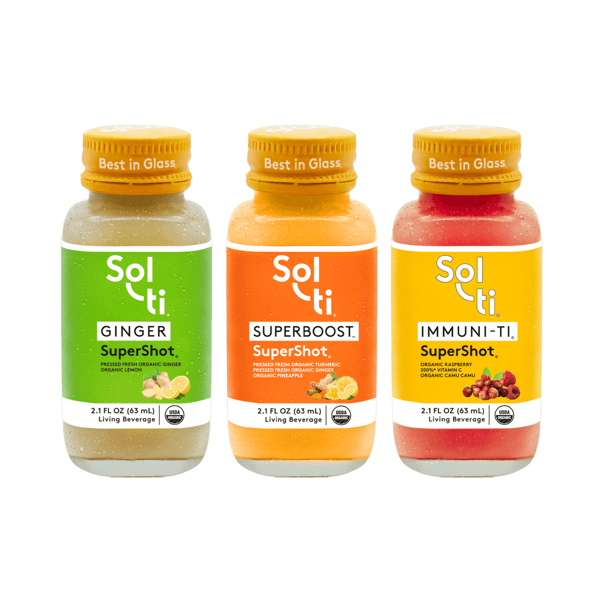 Three Sol-ti SuperShot glass bottles: GINGER, IMMUNI-TI, and SUPERBOOST
