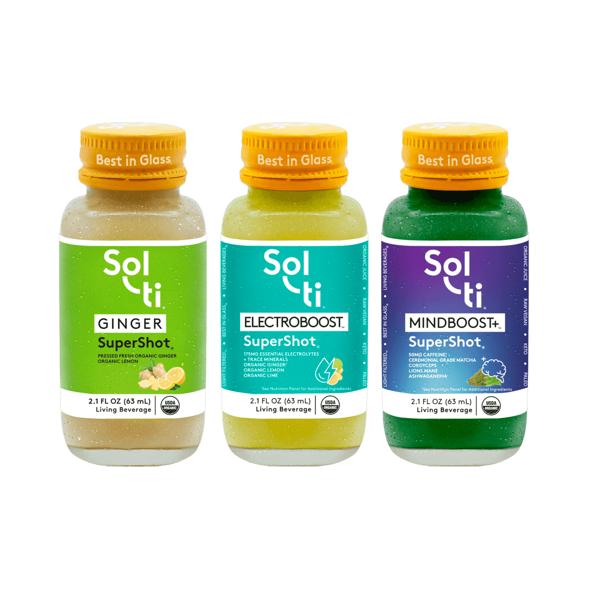 Three Sol-ti SuperShot glass bottles: GINGER, MINDBOOST+, and ELECTROBOOST