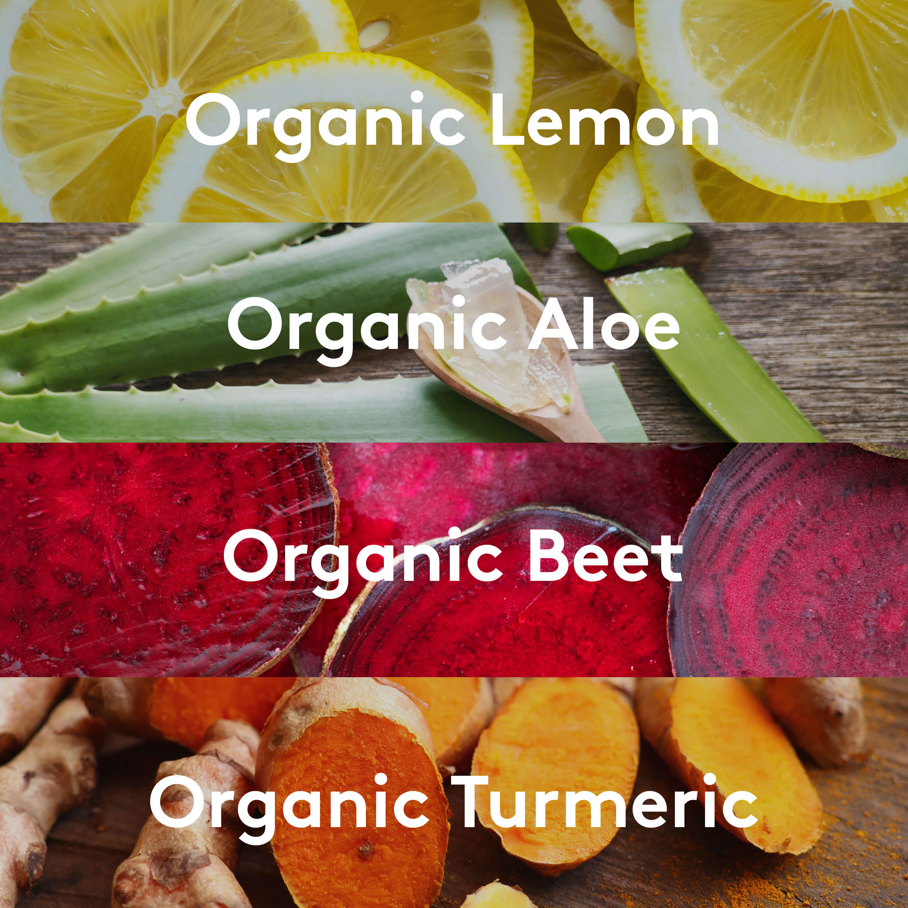 An ingredient graphic listing organic lemon, organic aloe, organic beet, and organic turmeric, with an image representing each ingredient