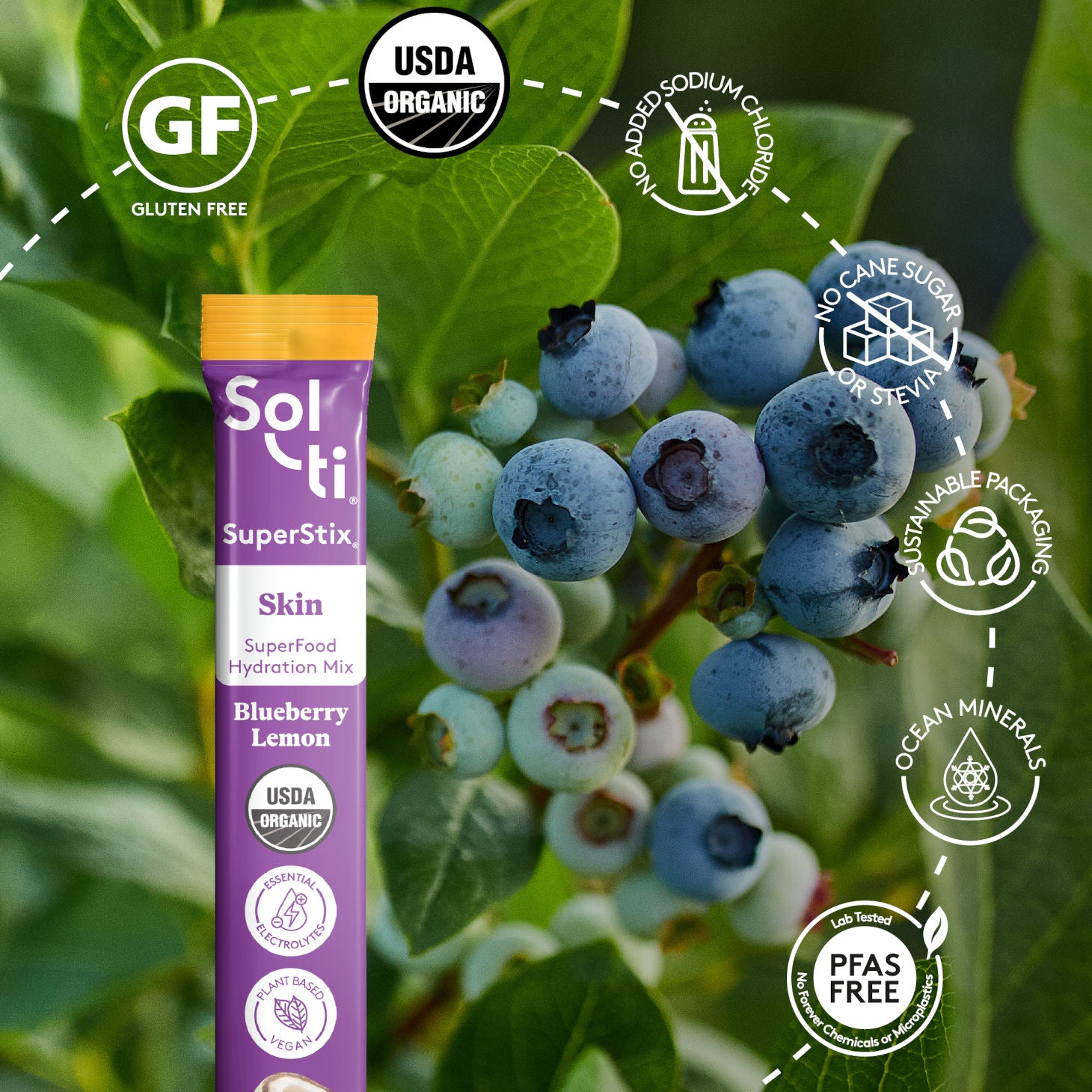 Blueberry Lemon SuperStix pack with front label on blueberries background, with logo benefits: Gluten Free, USDA Organic, no added sodium, no cane sugar, sustainable packaging, Ocean minerals and Lab tested No forever Chemicals or microplastics