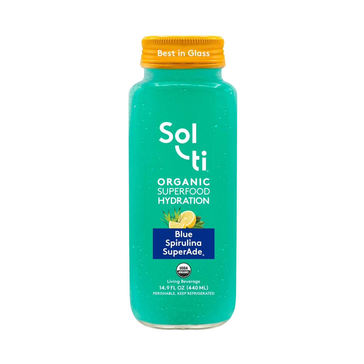 A glass bottle of Sol-ti Organic Superfood Hydration Blue Spirulina SuperAde with a yellow cap