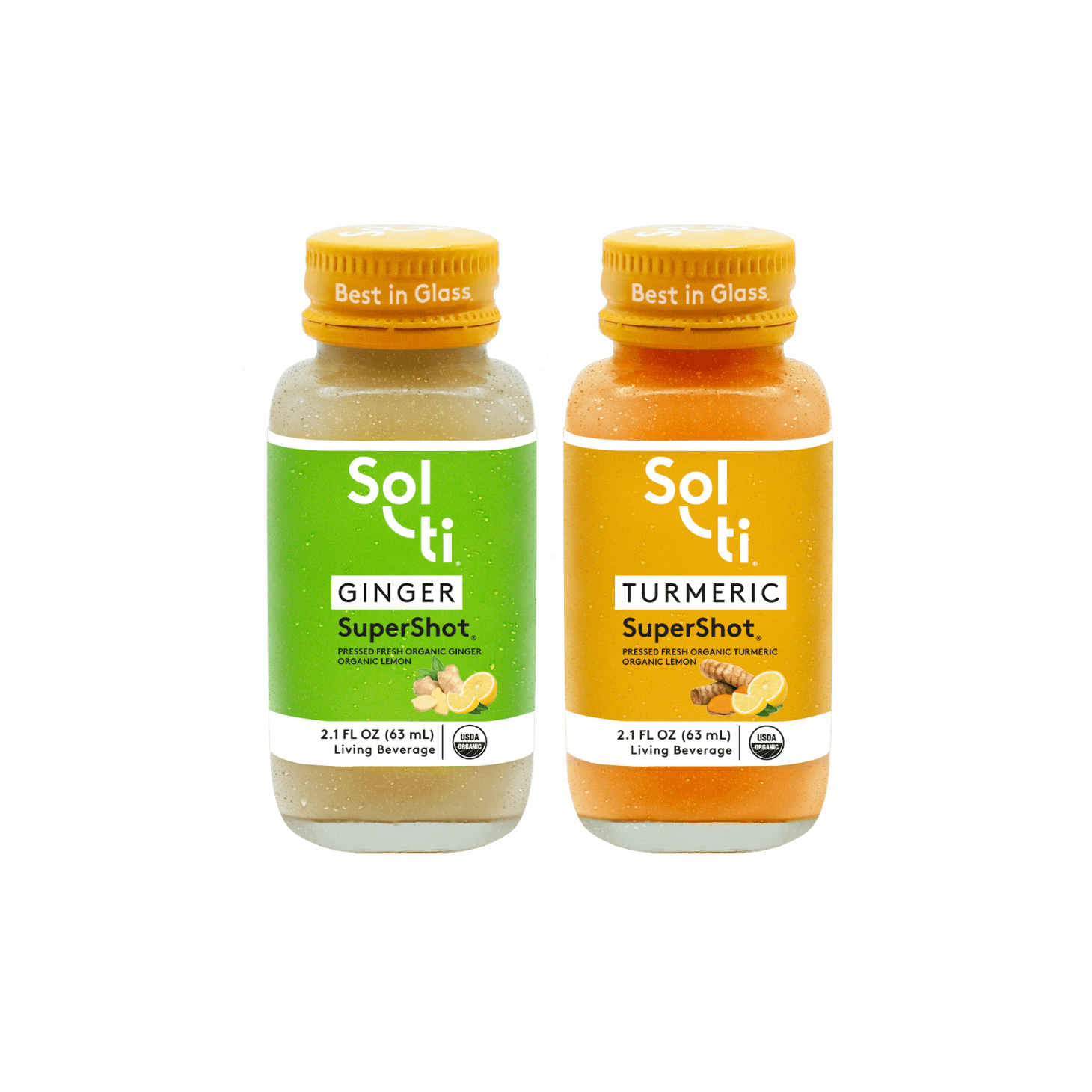 Two Sol-ti SuperShot Bottles, GINGER and TURMERIC with a bright green and yellow front label, shown against a light background.