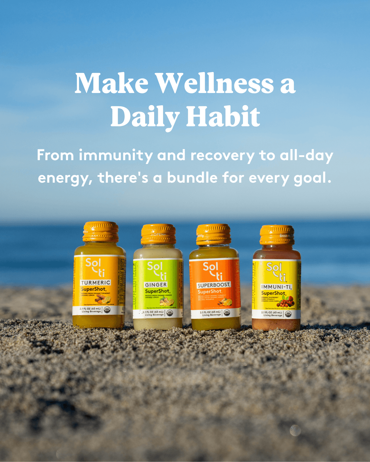 4 SuperShot bottles lined up on a sandy beach. text 'Make Wellness a Daily Habit'