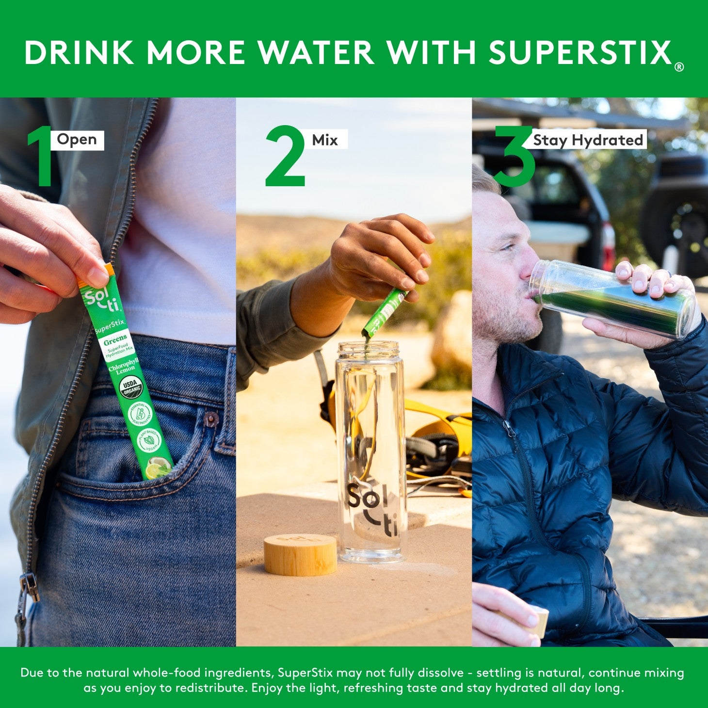 SuperStix Chlorophyll stick, three steps on green background: open, mix in bottle, and stay hydrated