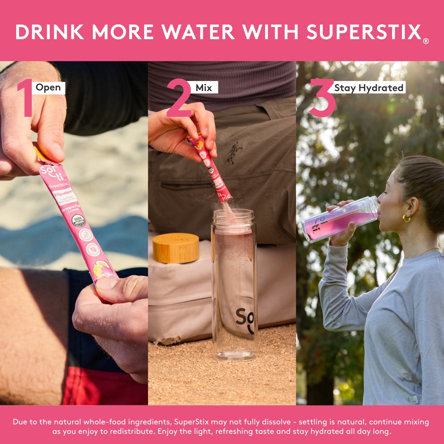SuperStix Dragon Fruit stick, three steps on pink background: open, mix in bottle, and stay hydrated