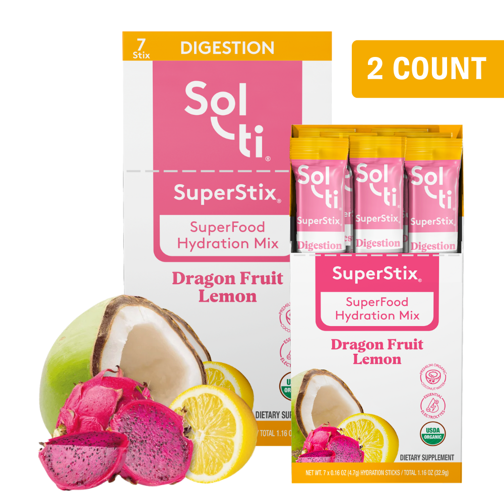 SuperStix Dragon Fruit Lemon box with young coconut, lemon, and dragon fruit showing 2 count with fruit