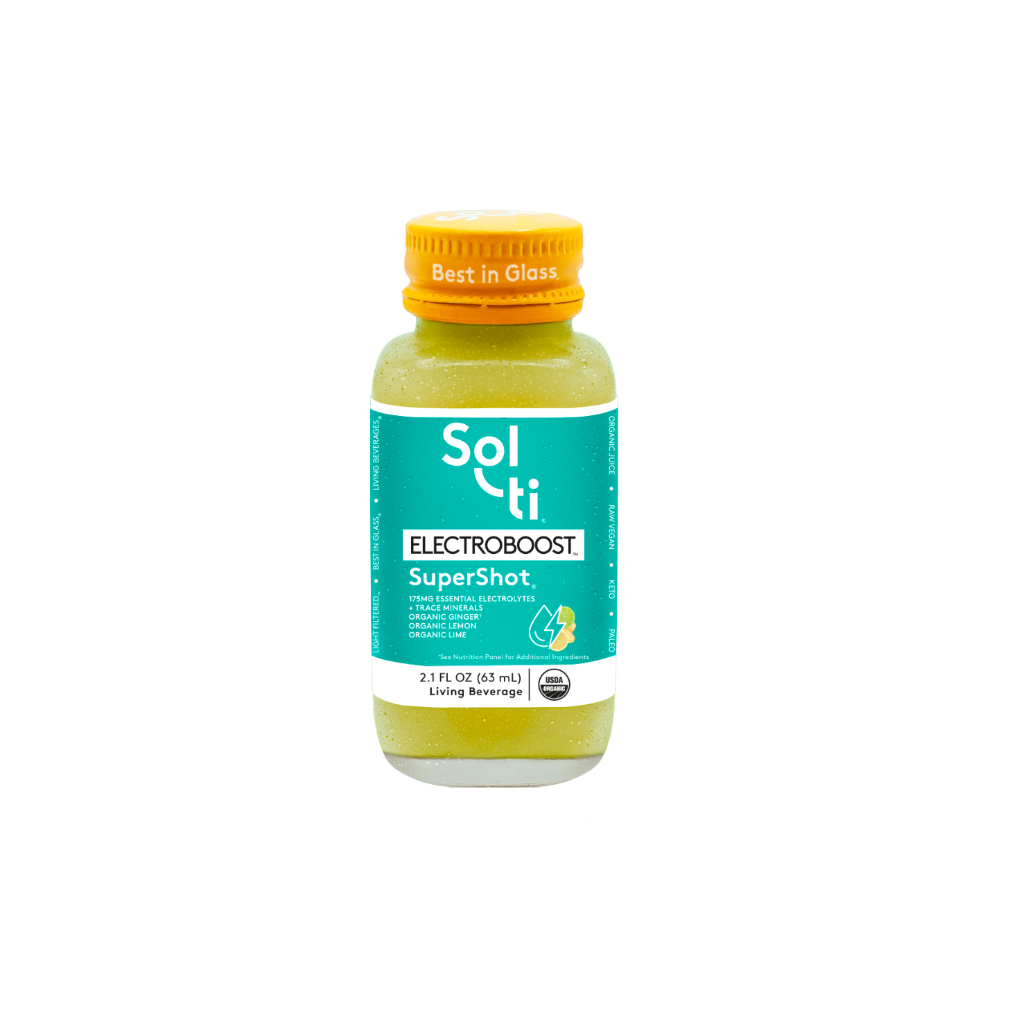 Sol-ti ELECTROBOOST SuperShot Glass Bottle with a bright turquoise front label, shown against a light background