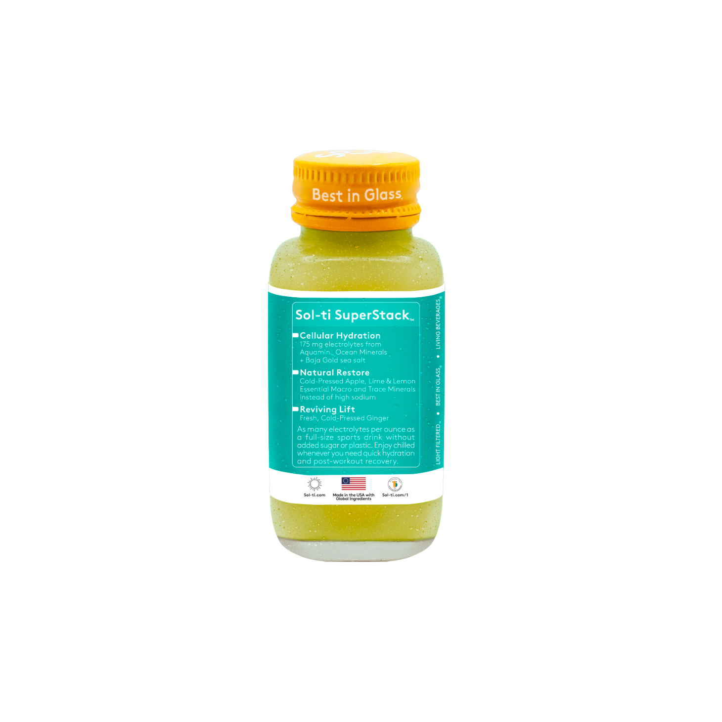 Sol-ti ELECTROBOOST SuperShot Glass Bottle with a bright turquoise Sol-ti SuperStack label, shown against a light background