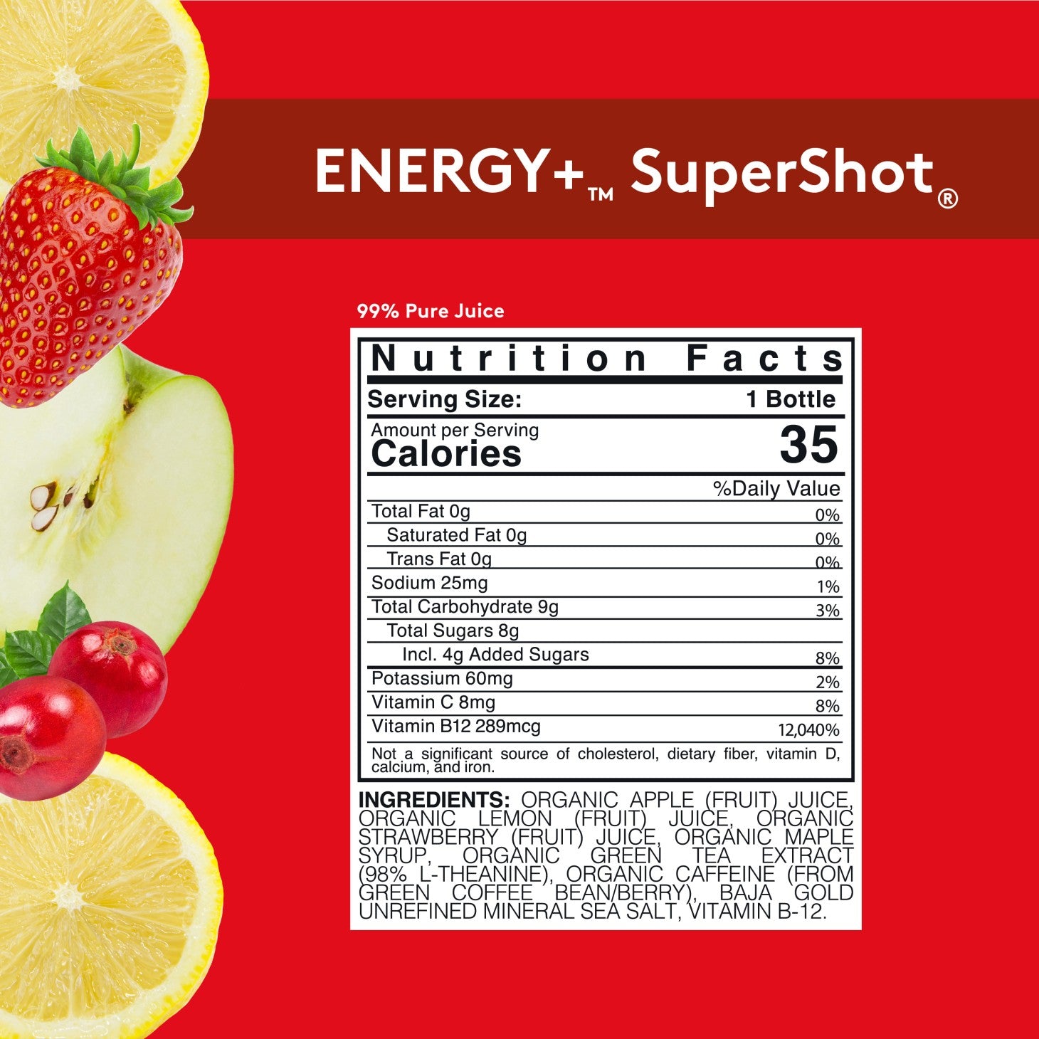 ENERGY+ SuperShot nutrition facts label with fruits on a red background