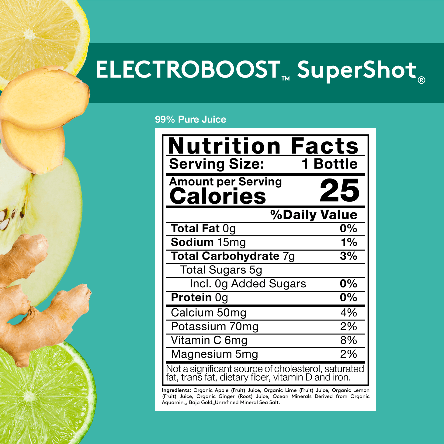 Turquoise background with Nutrition Facts image for Sol-ti ELECTROBOOST SuperShot, with details provided in the nutrition tab in the Product page