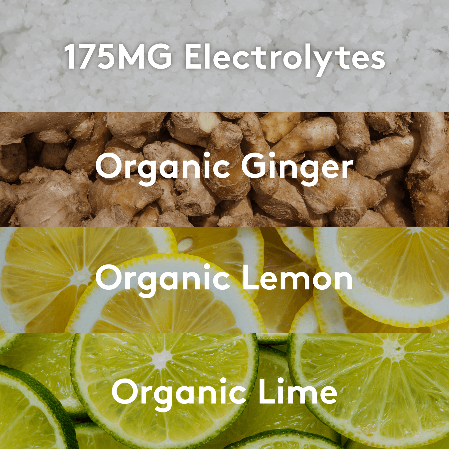 An ingredient graphic listing 175mg electrolytes, organic ginger, organic lemon, and organic lime, with an image representing each ingredient