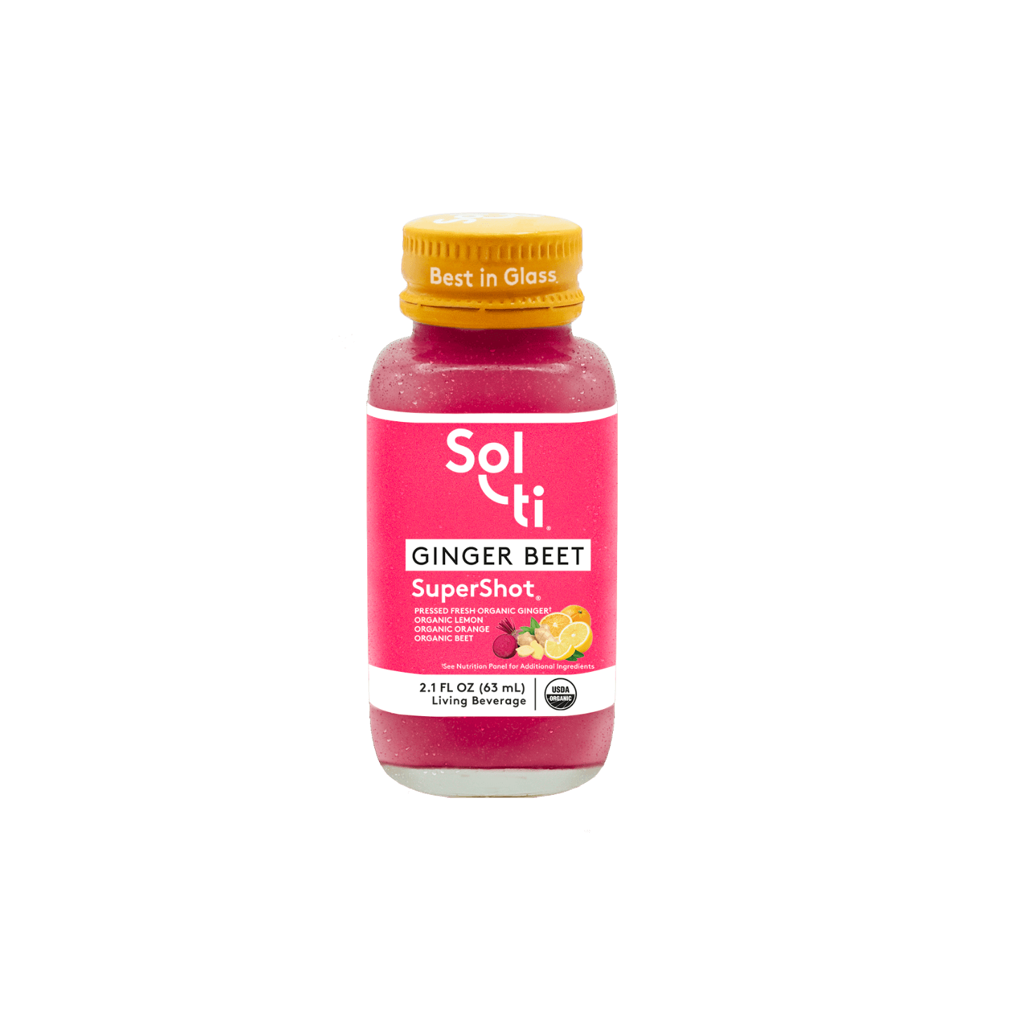 Sol-ti GINGER BEET SuperShot Glass Bottle with a bright pink front label, shown against a light background.