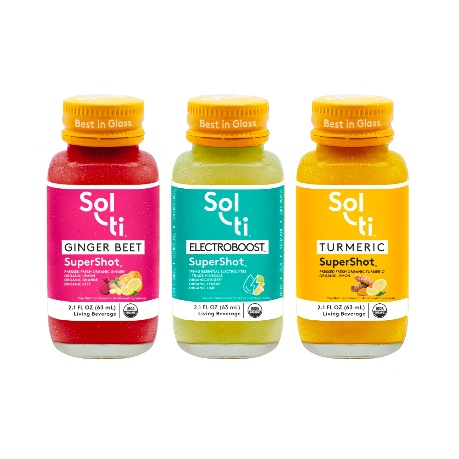 Three Sol-ti SuperShot glass bottles: GINGER BEET, ELECTROBOOST, and TURMERIC