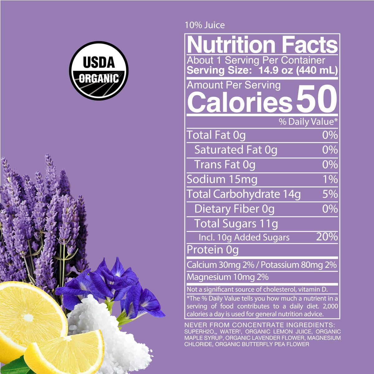 Light purple background Lavender Magnesium SuperAde Nutrition Facts panel, details on product page