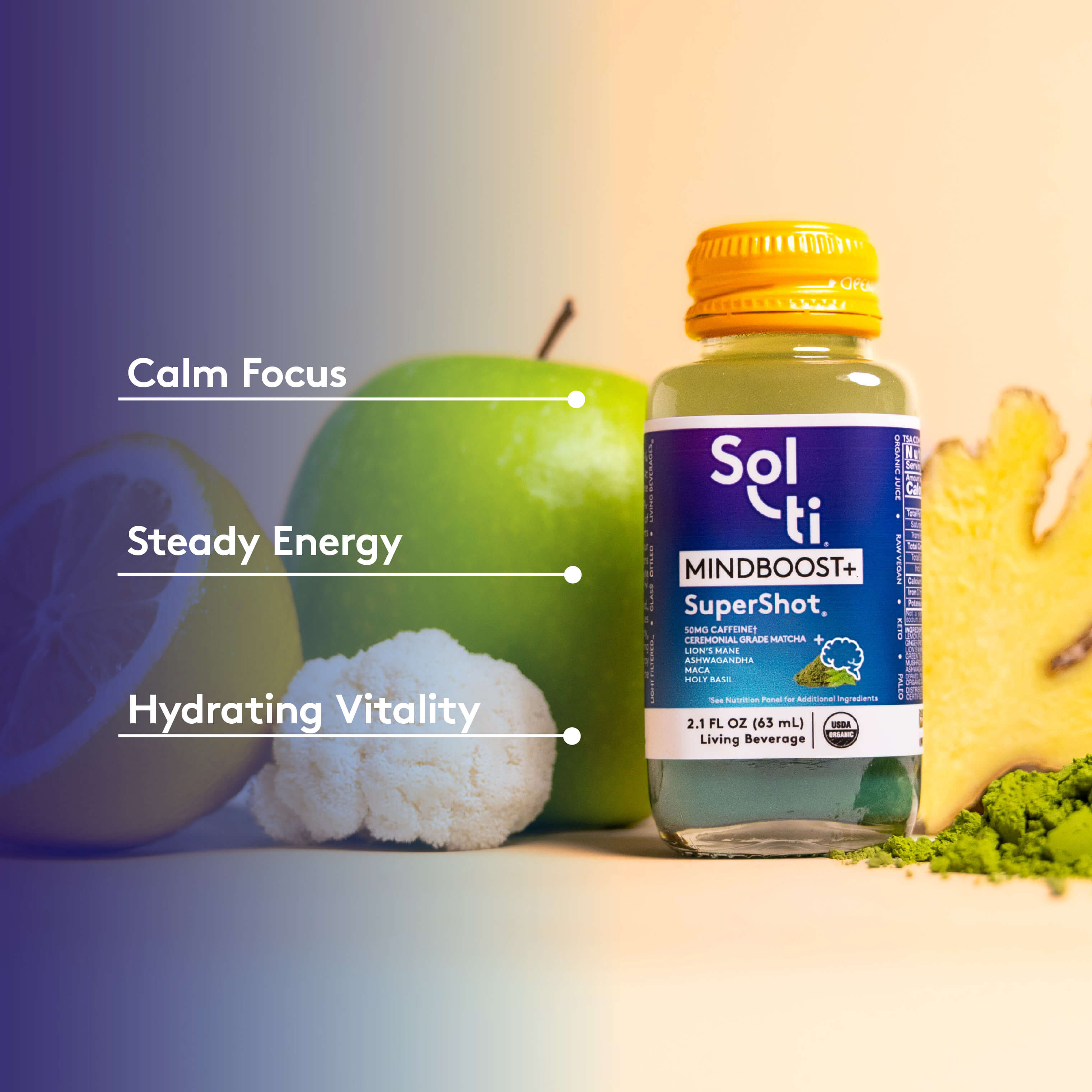 Sol-ti MINDBOOST+ SuperShot glass bottle with front label on light orange background, with ginger root, lion mane, ceremonial grade matcha and green apple, benefits text including calm focus, steady energy, hydrating vitaliy