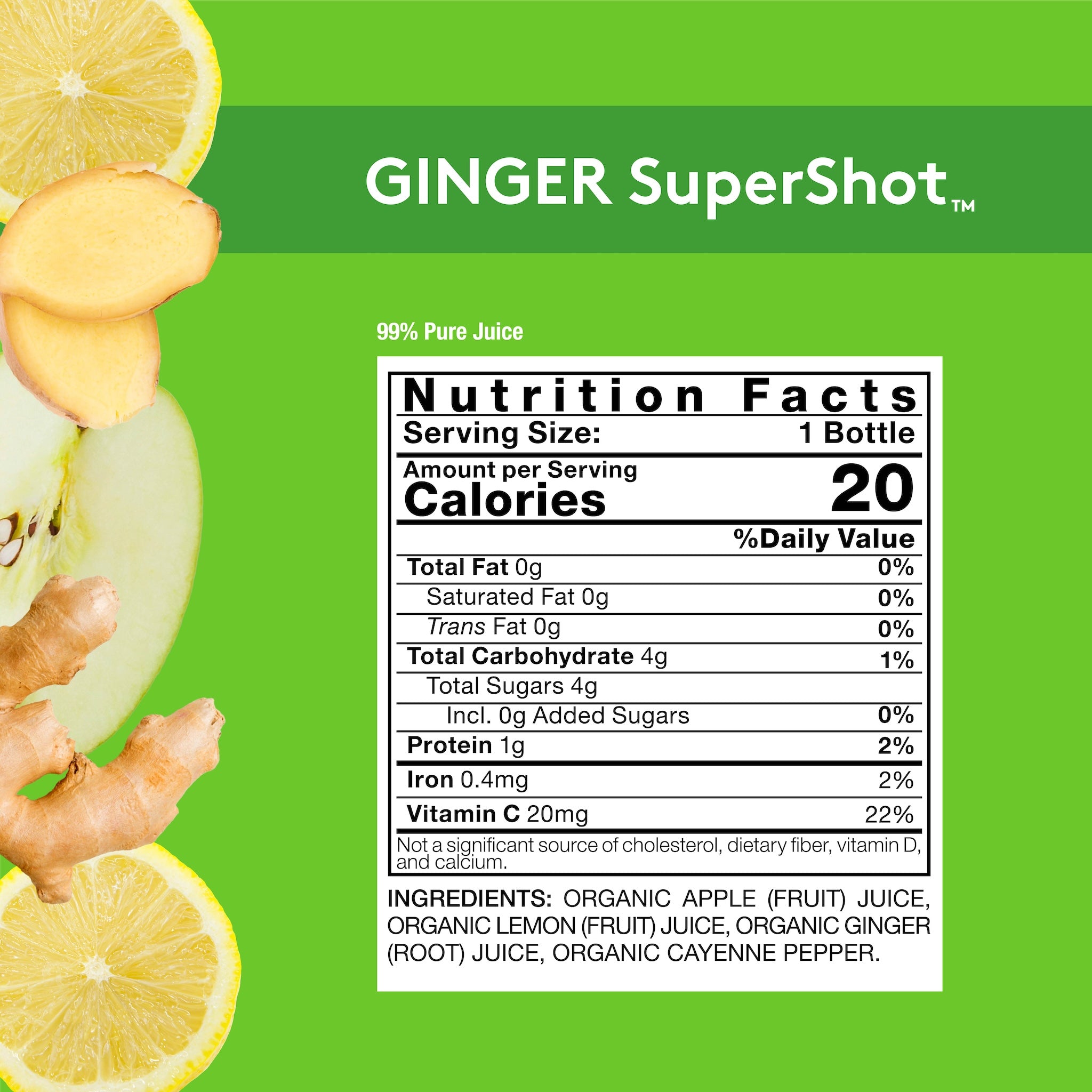 Green background with GINGER SuperShot Nutrition Facts panel, details on product page