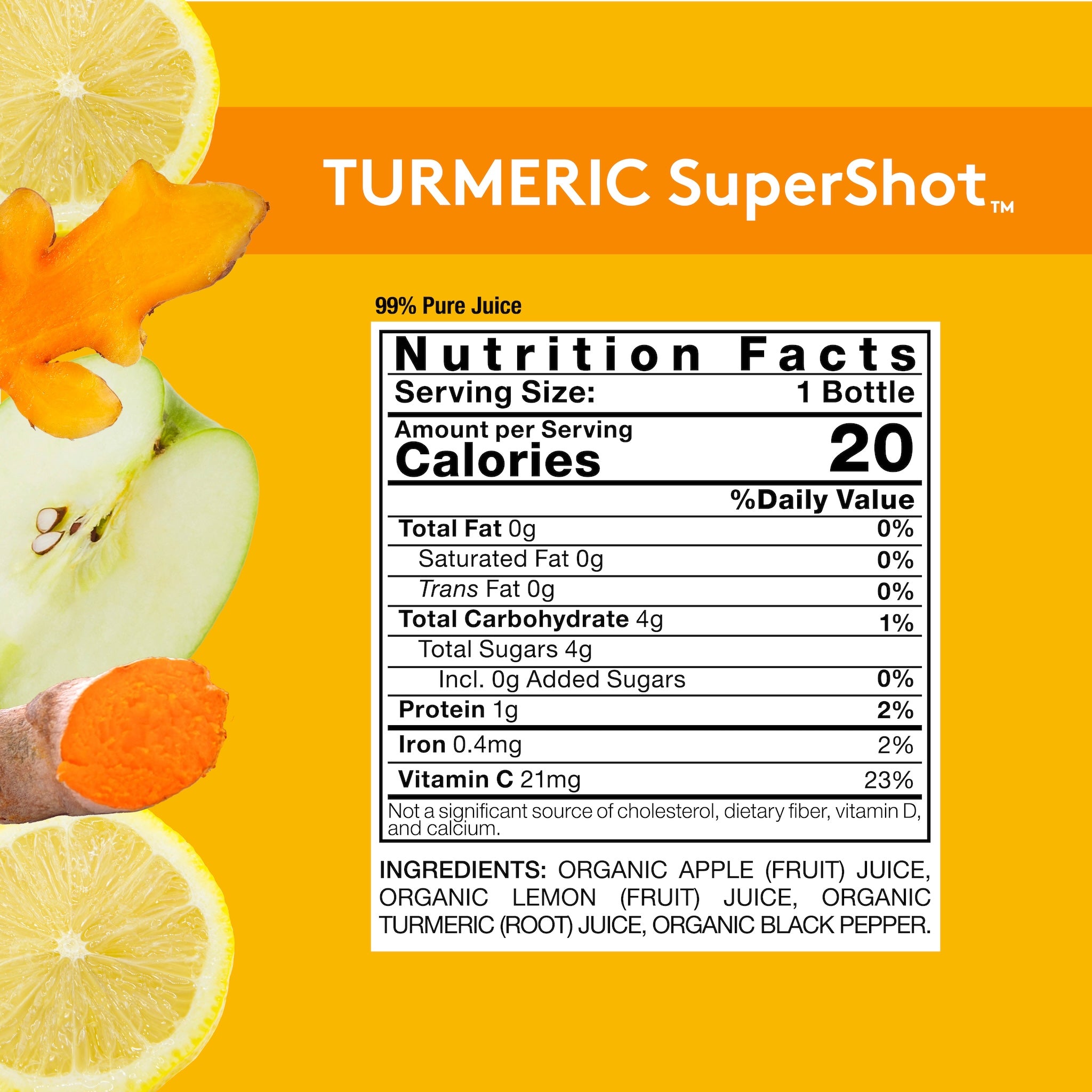 Orange background with Sol-ti TURMERIC SuperShot Nutrition Facts panel, details on product page