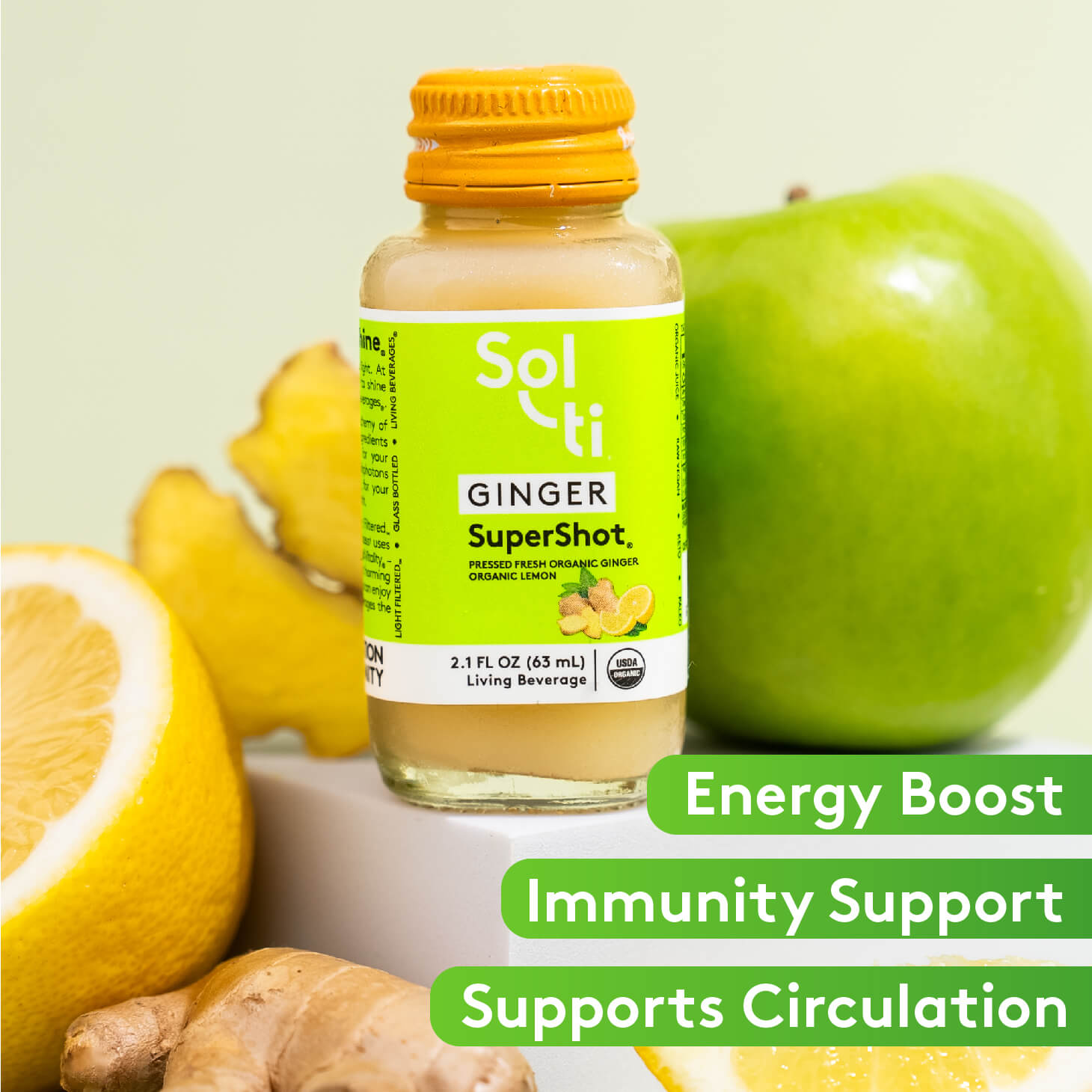 GINGER SuperShot bottle front label, benefits: Energy boost, Immunity and circulation support