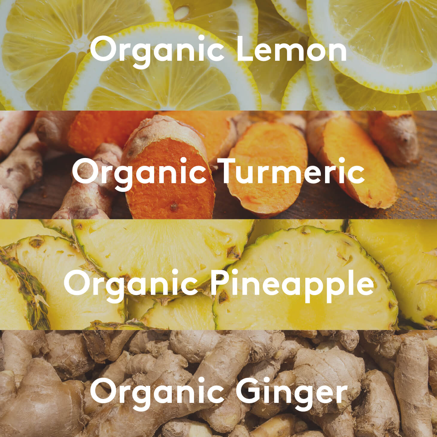 An ingredient graphic listing organic lemon, organic turmeric, organic pineapple, and organic ginger, with an image representing each ingredient