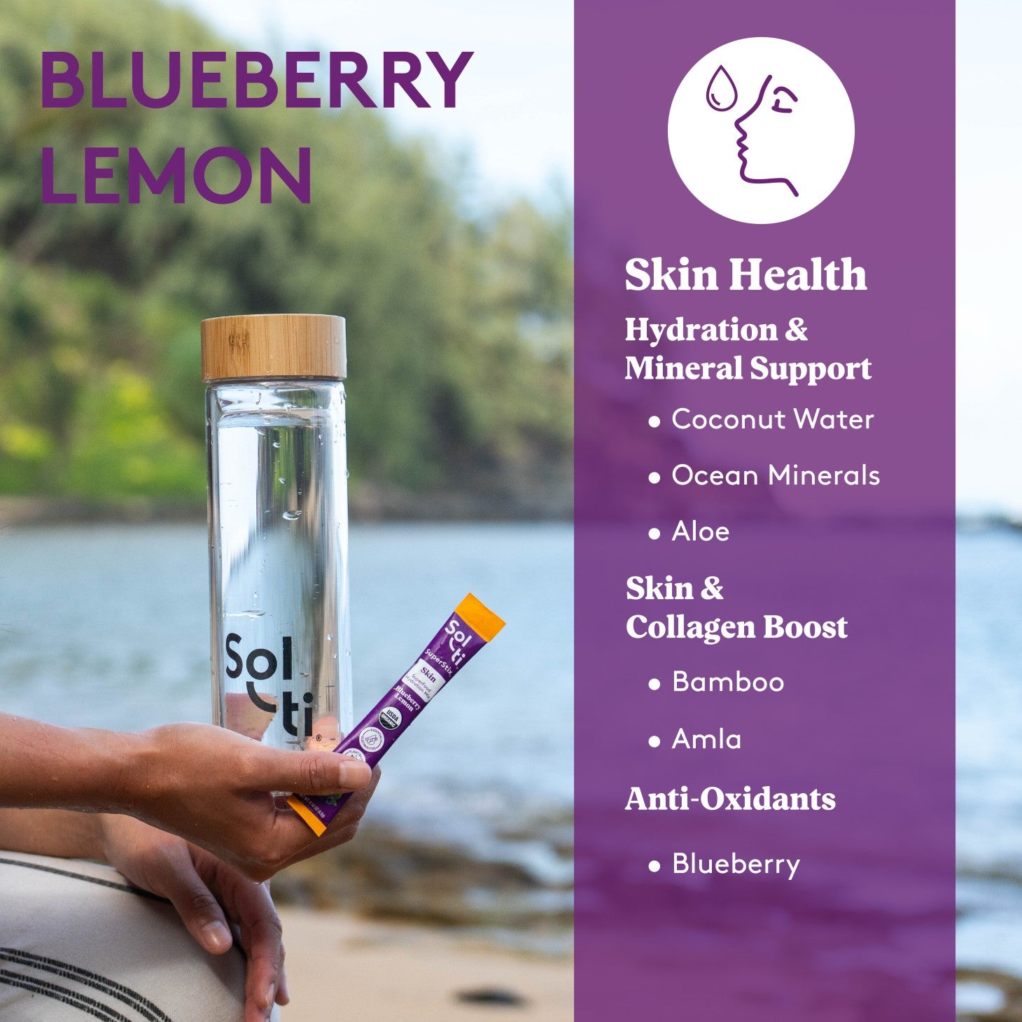 SuperStix Blueberry, benefits: Hydration and mineral support, Skin and collagen boost and Anti-Oxidants