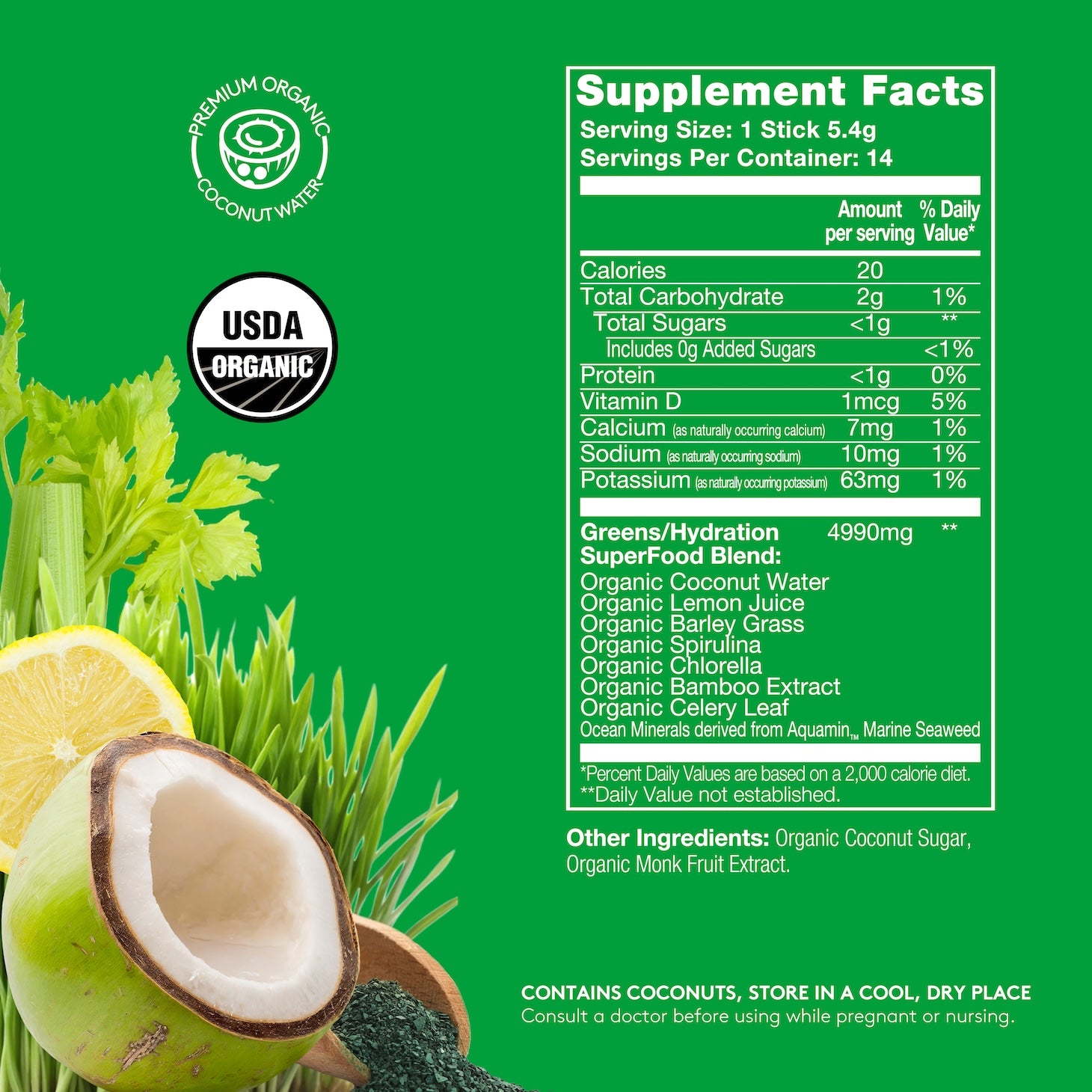 Front supplement facts panel on a green package with coconut water branding, USDA Organic seal, and coconut, celery, and lemon graphics. The panel shows serving size 1 stick 5.