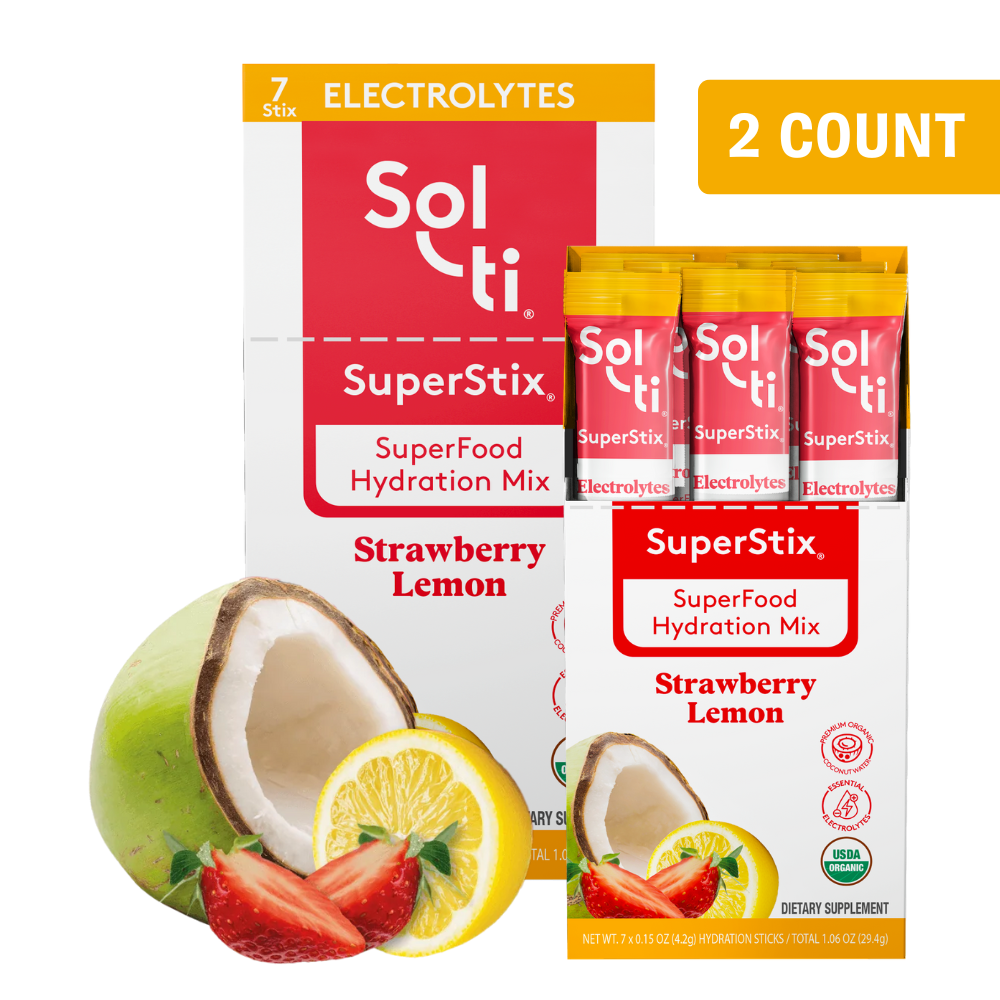 SuperStix Strawberry Lemon box with young coconut, lemon, and strawberries showing 2 count box