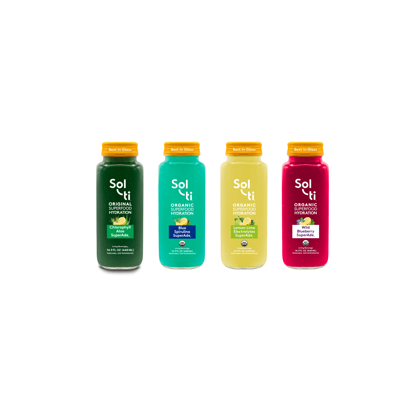 An array of four glass bottles of SuperAde flavors with front label: Chlorophyll Aloe, Blue Spirulina , Lemon Lime, and Wild Blueberry shown against a light background