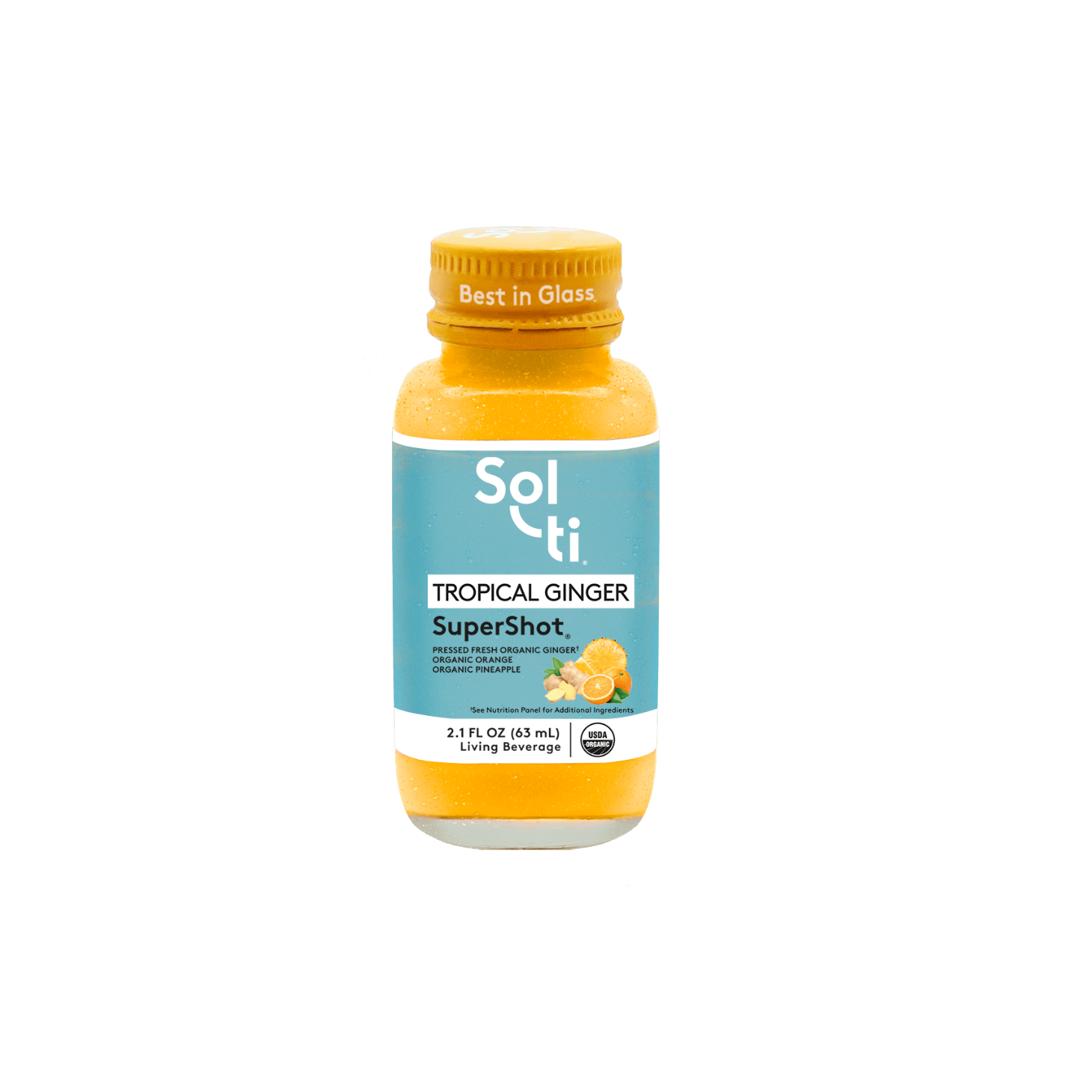 Sol-ti TROPICAL GINGER SuperShot Glass Bottle with a light blue front label, shown against a light background.