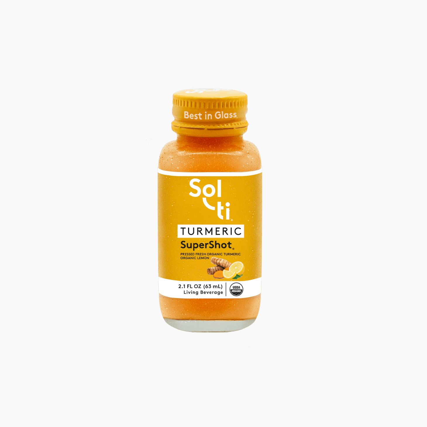 Sol-ti TURMERIC SuperShot Glass Bottle with a bright yellow front label, shown against a light background.