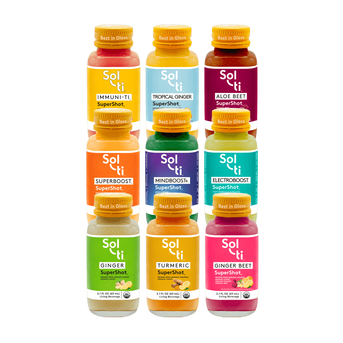 Sol-ti Variety Pack SuperShot drink bottles, including Ginger, Turmeric, Ginger Beet, Immuni-ti, Tropical Ginger, Aloe Beet, SuperBoost, Mindboost, ElectroBoost