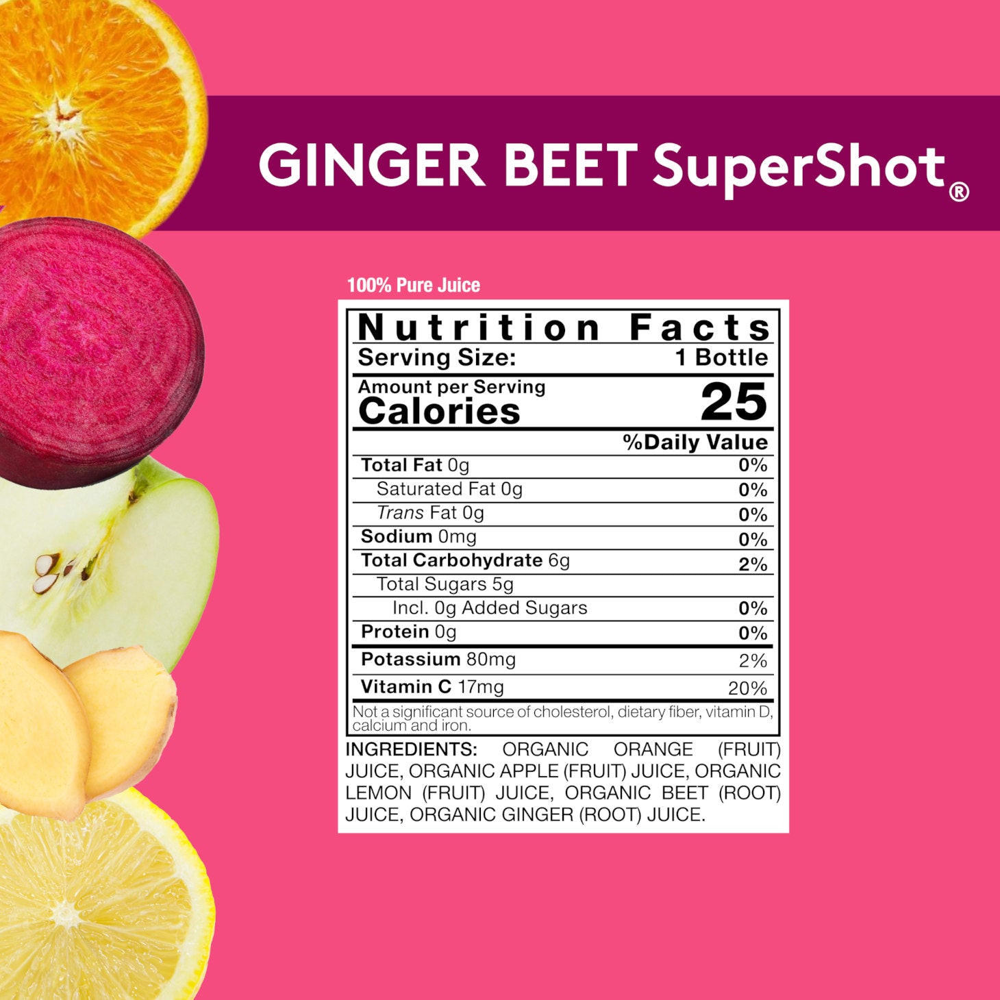 Pink background with Nutrition Facts image for Sol-ti GINGER BEET SuperShot, with details provided below in the Product page