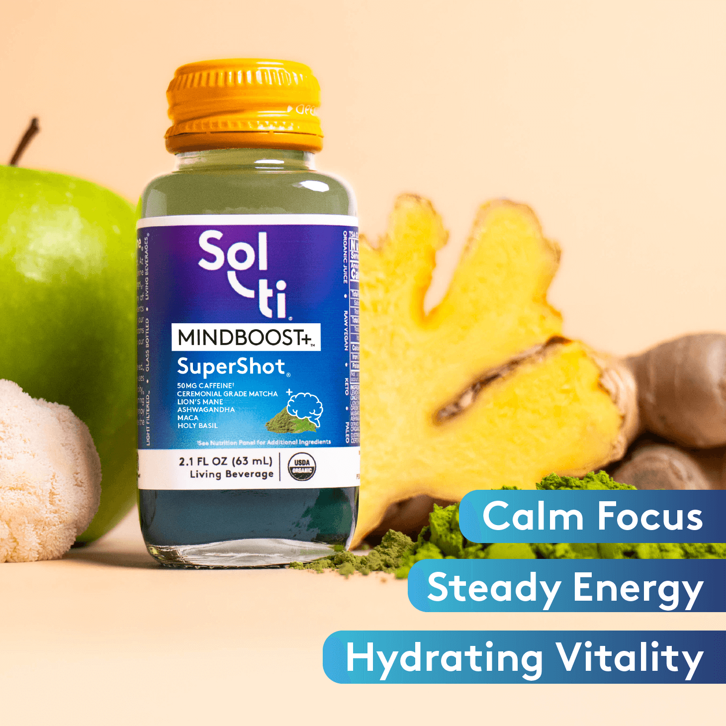 Sol-ti MINDBOOST+ SuperShot glass bottle with front label on light orange background, with ginger root, lion mane, ceremonial grade matcha and green apple, benefits text including calm focus, steady energy, hydrating vitaliy