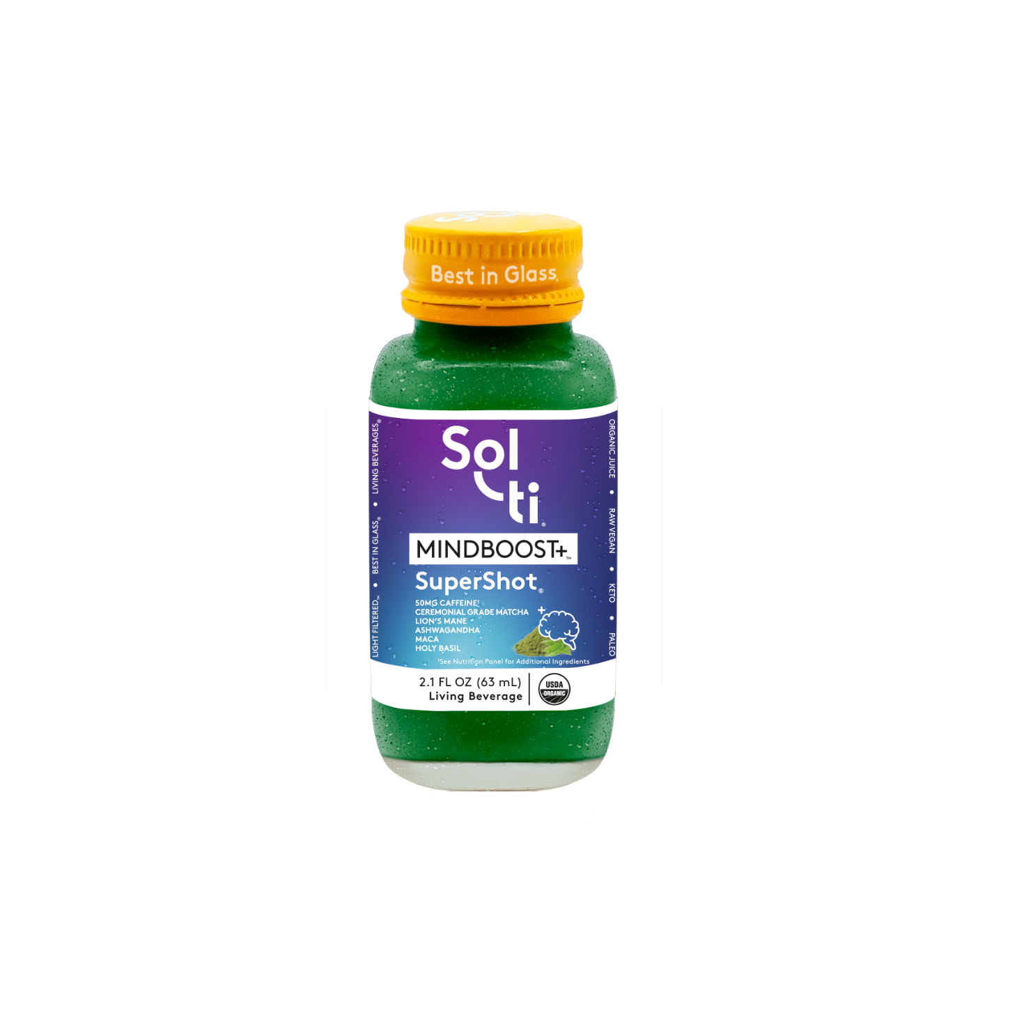 Sol-ti MINDBOOST+ SuperShot Glass Bottle with a gradiant purple, blue and light blue front label, shown against a light background