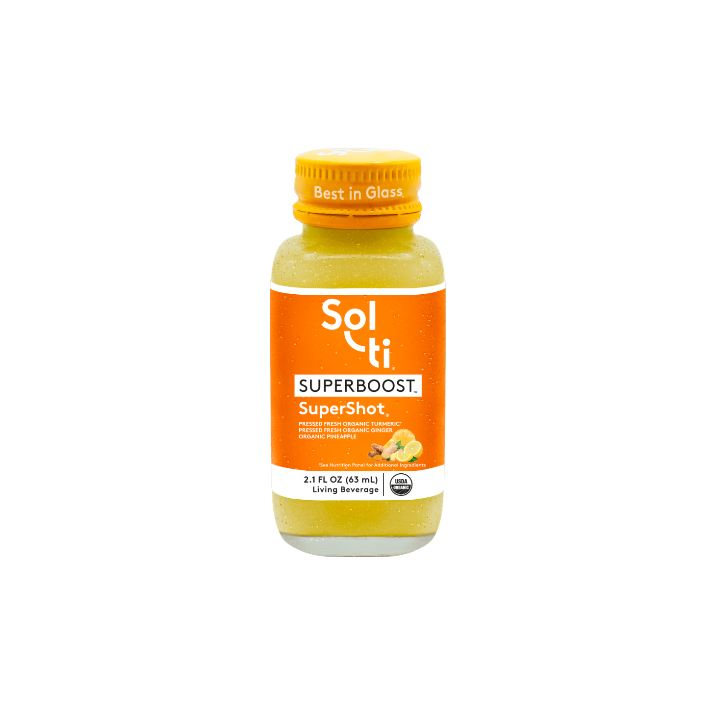 Sol-ti SUPERBOOST SuperShot Glass Bottle with a bright orange front label, shown against a light background.