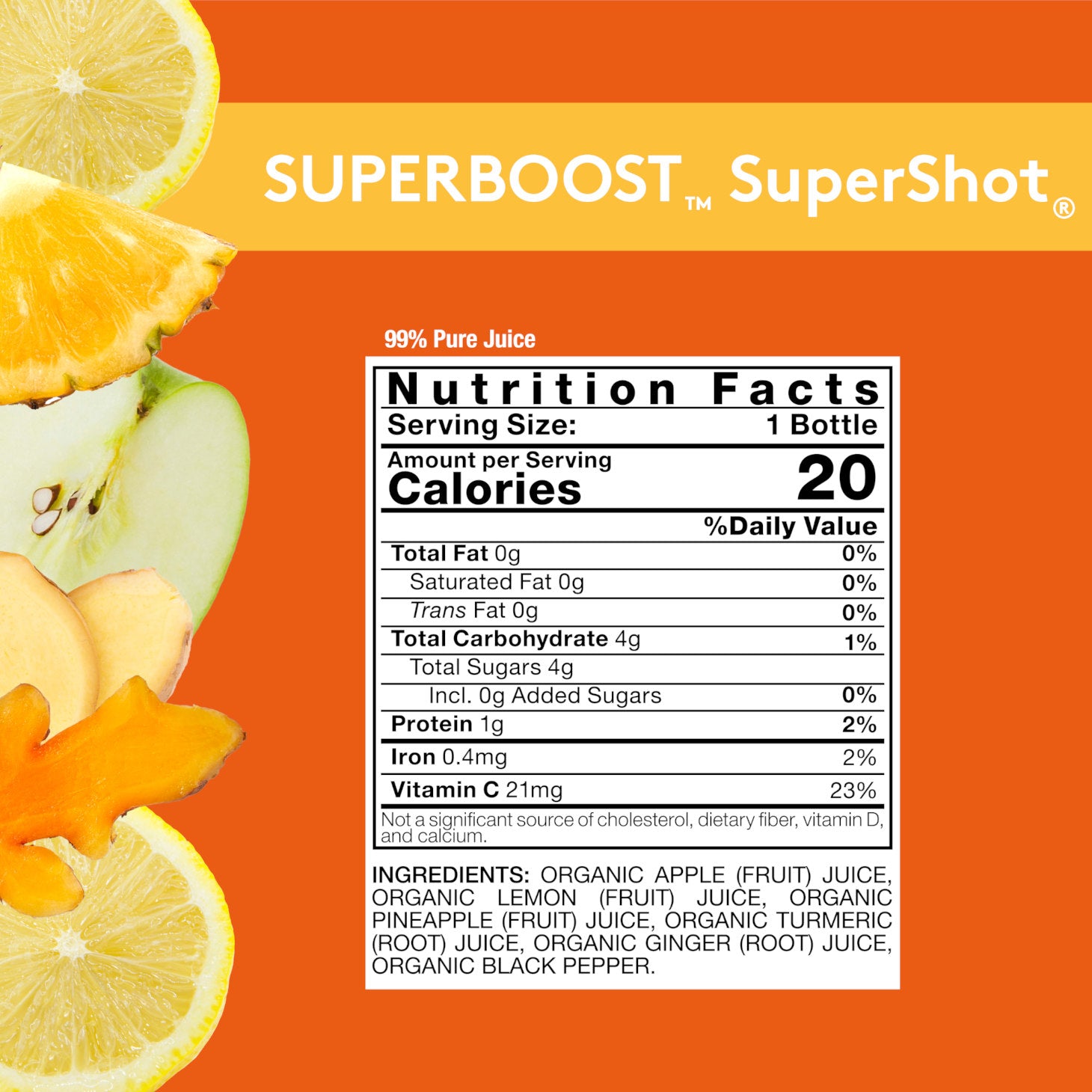 Orange background with Nutrition Facts image for Sol-ti SUPERBOOST SuperShot, with details provided below in the Product page