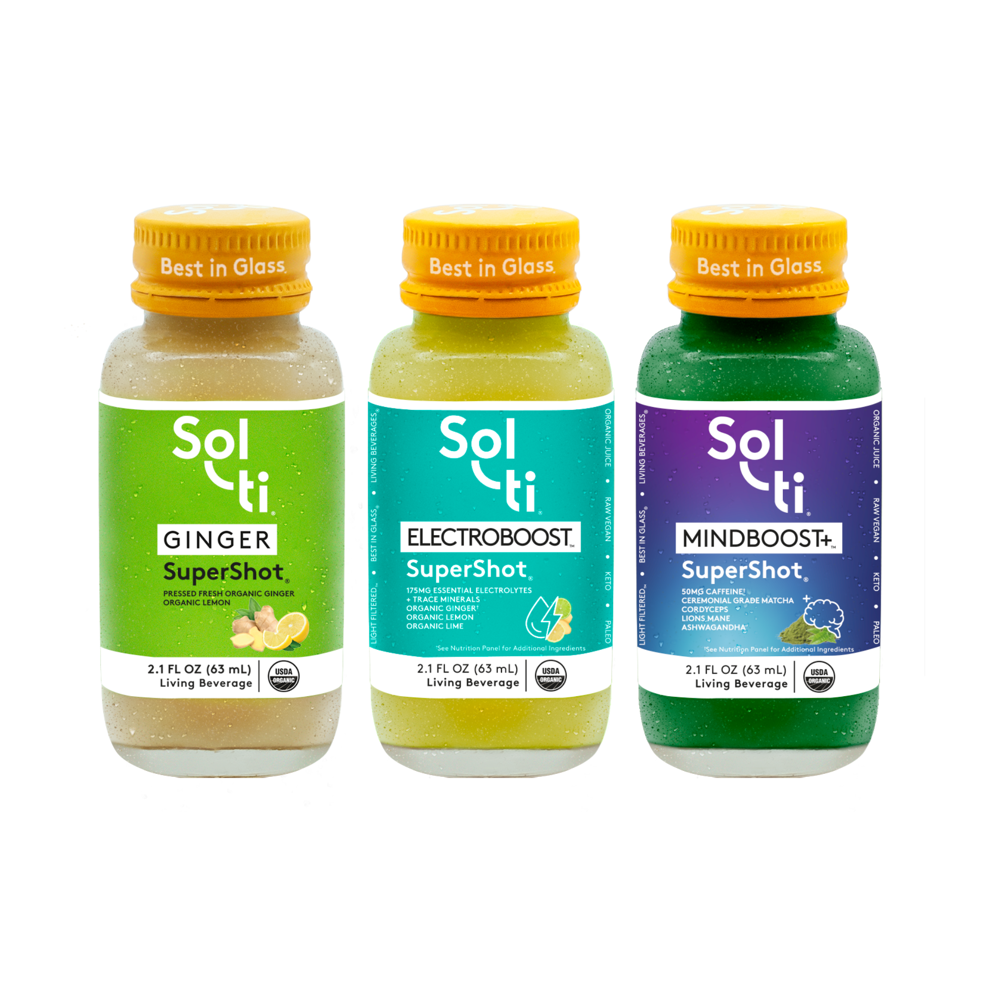 Three Sol-ti SuperShot glass bottles: GINGER, MINDBOOST+, and ELECTROBOOST