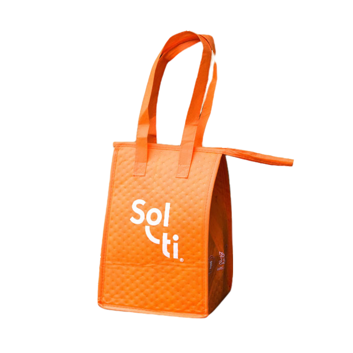 a orange insulated bag with Sol-ti white logo