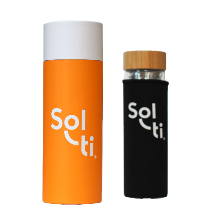 a insulated glass bottle with a brown lid and a black cover