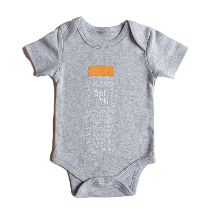 a baby grey onesie with a Sol-ti bottle print