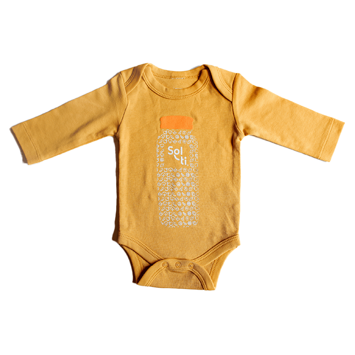 a baby yellow onesie with a Sol-ti bottle print