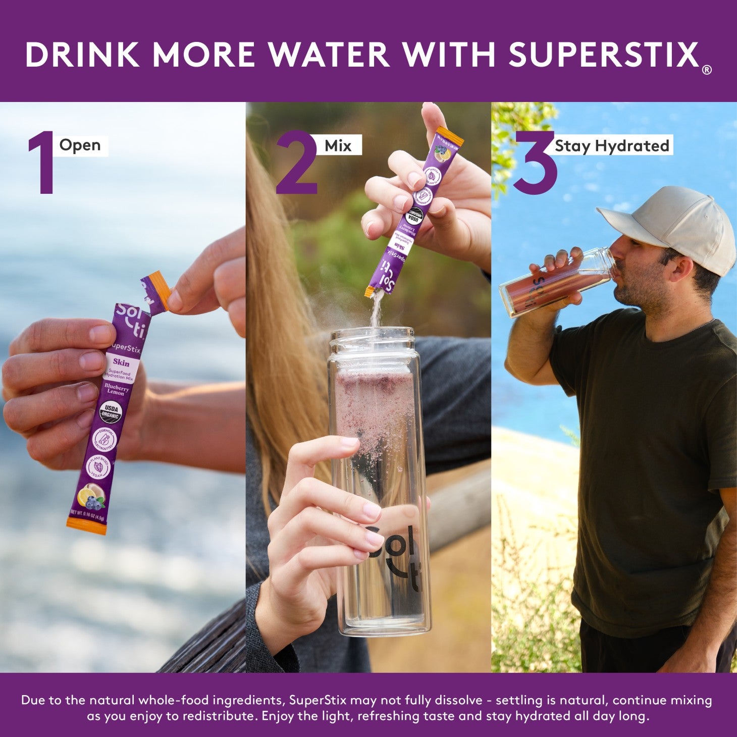 SuperStix Blueberry stick, three steps on purple background: open, mix in bottle, and stay hydrated