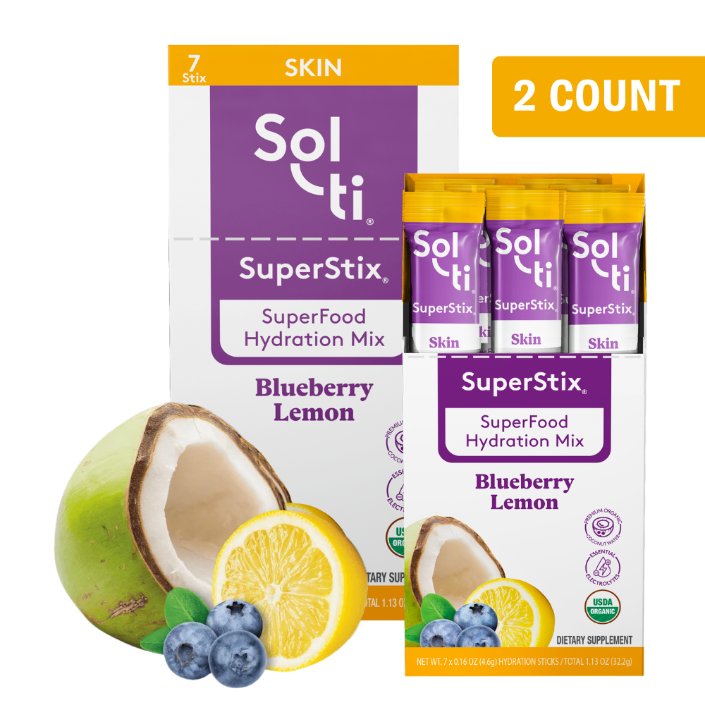 SuperStix Blueberry Lemon box with young coconut, lemon, and blueberries showing 2 count with fruit