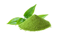 Ceremonial Grade Matcha Green powder with leaves on a light background