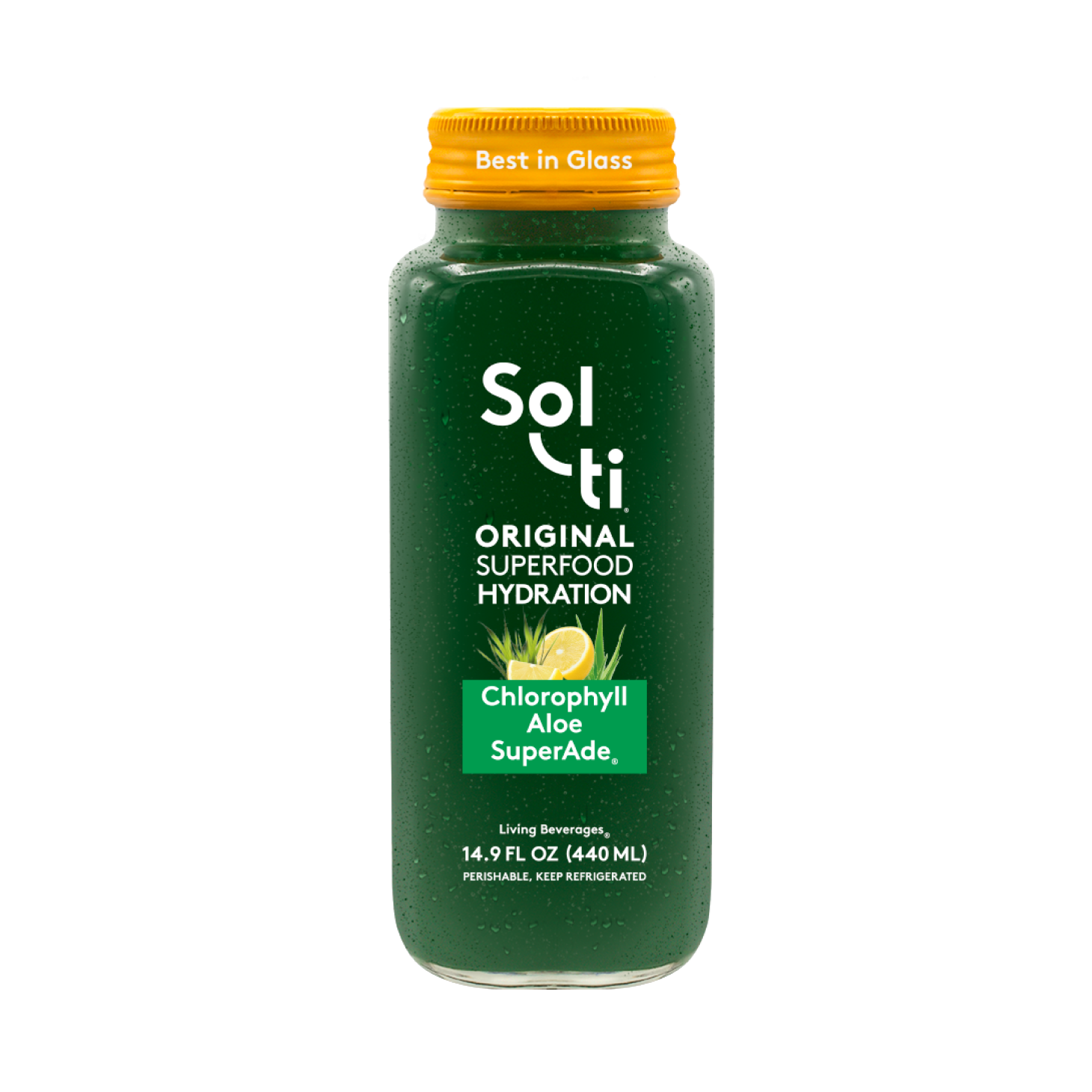 Sol-ti Chlorophyll Aloe SuperAde  glass bottle with a transparent front label and a yellow cap, shown against a light background