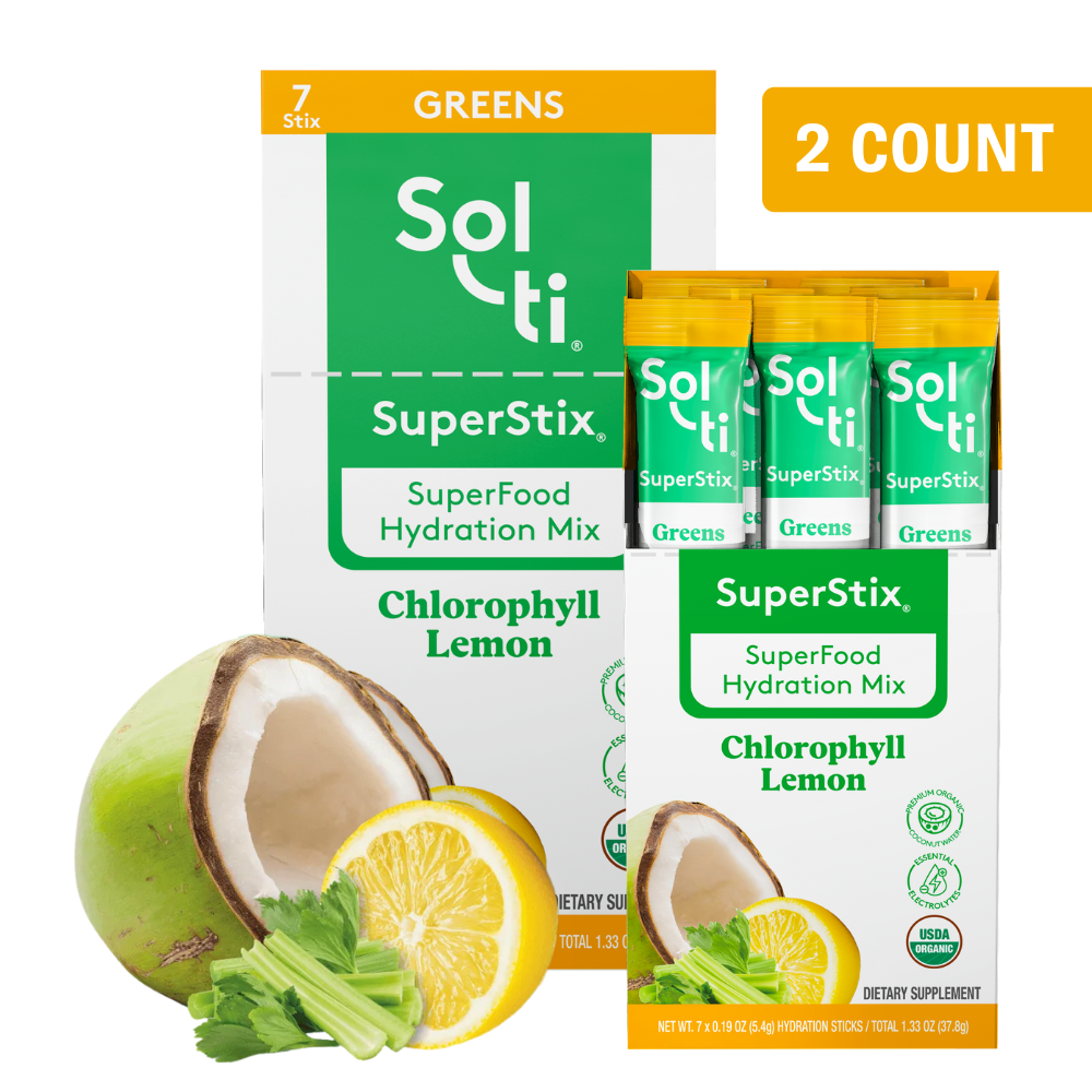 SuperStix Chlorophyll Lemon box with young coconut, lemon, and celery showing 2 count box