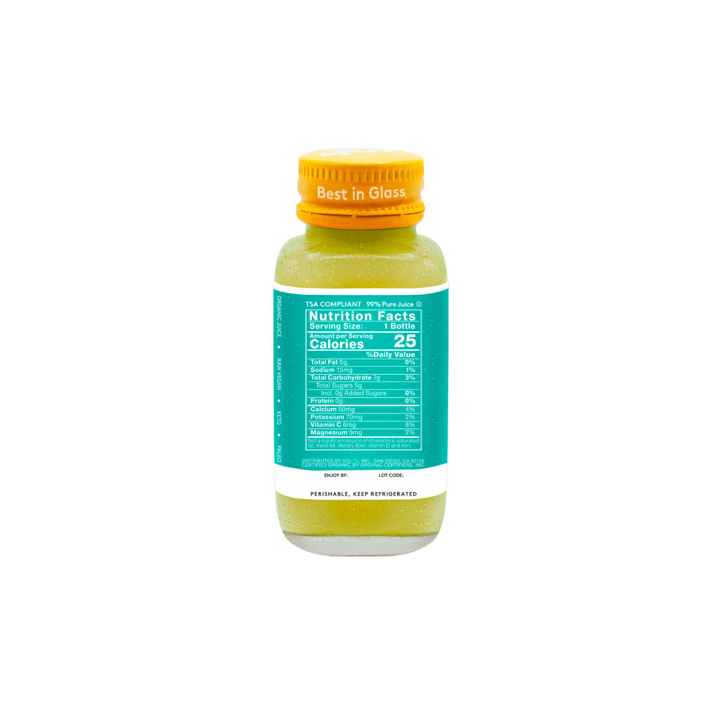 Sol-ti ELECTROBOOST SuperShot  Glass Bottle with a bright turquoise nutrition facts label, shown against a light background 