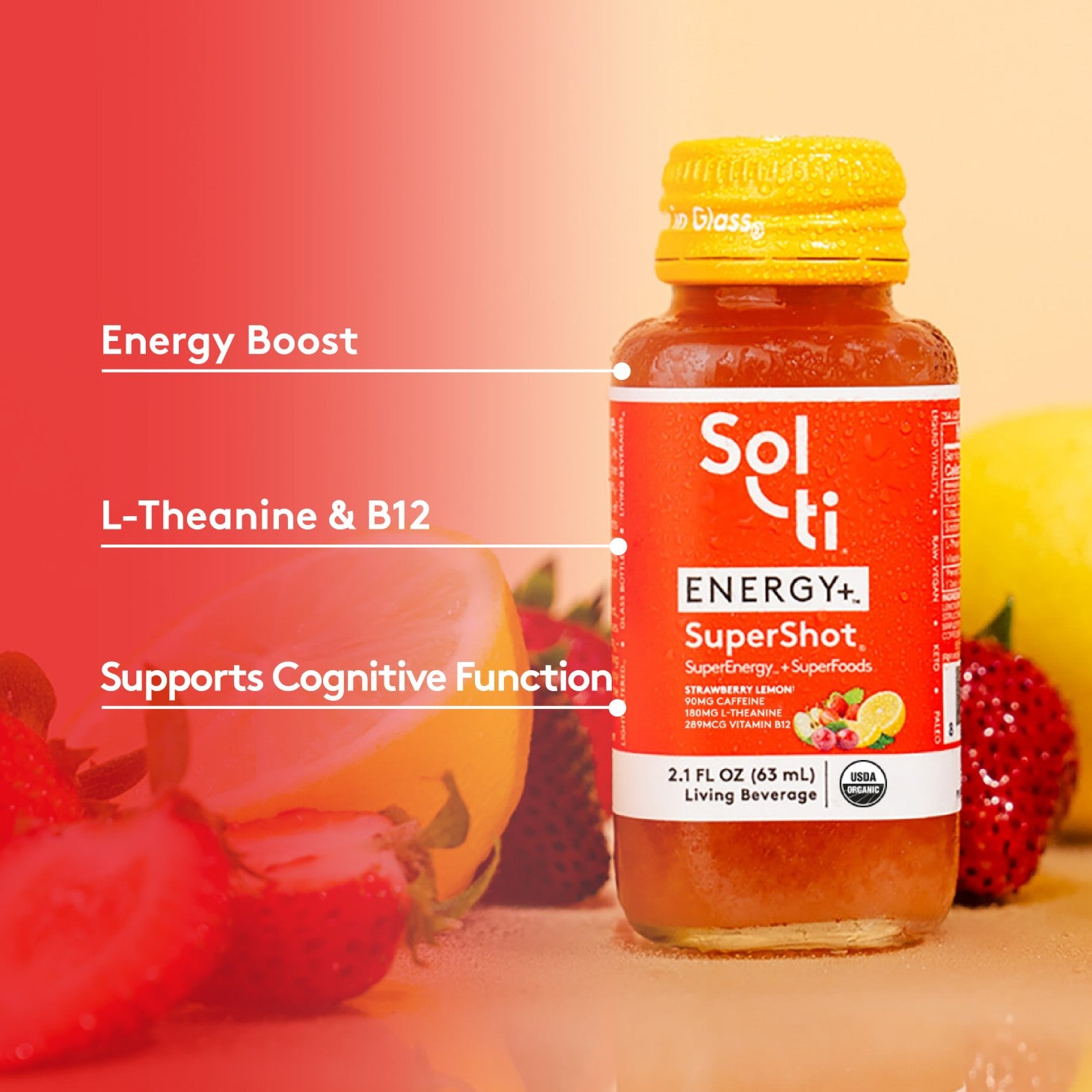 Sol-ti ENERGY+ SuperShot bottle front label on red background with strawberries and lemon in beige background