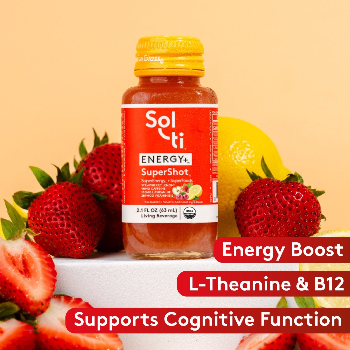 Sol-ti ENERGY+ SuperShot bottle front label on beige background with strawberries and lemon slices