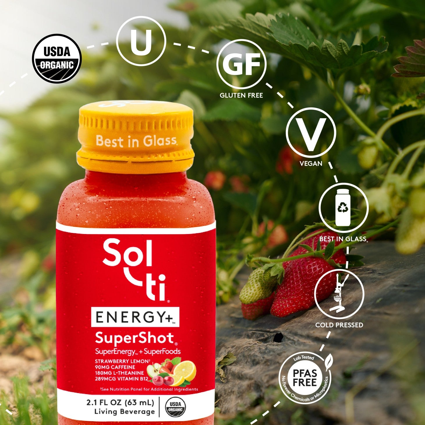Sol-ti ENERGY+ SuperShot bottle front label on red background with strawberries and lemon slices on green background